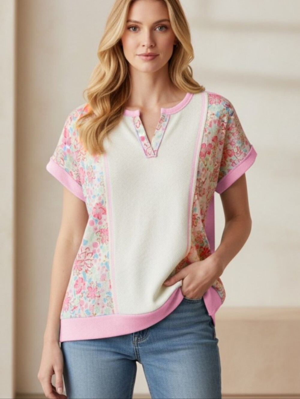 New Heimish Blush Floral Accent Top